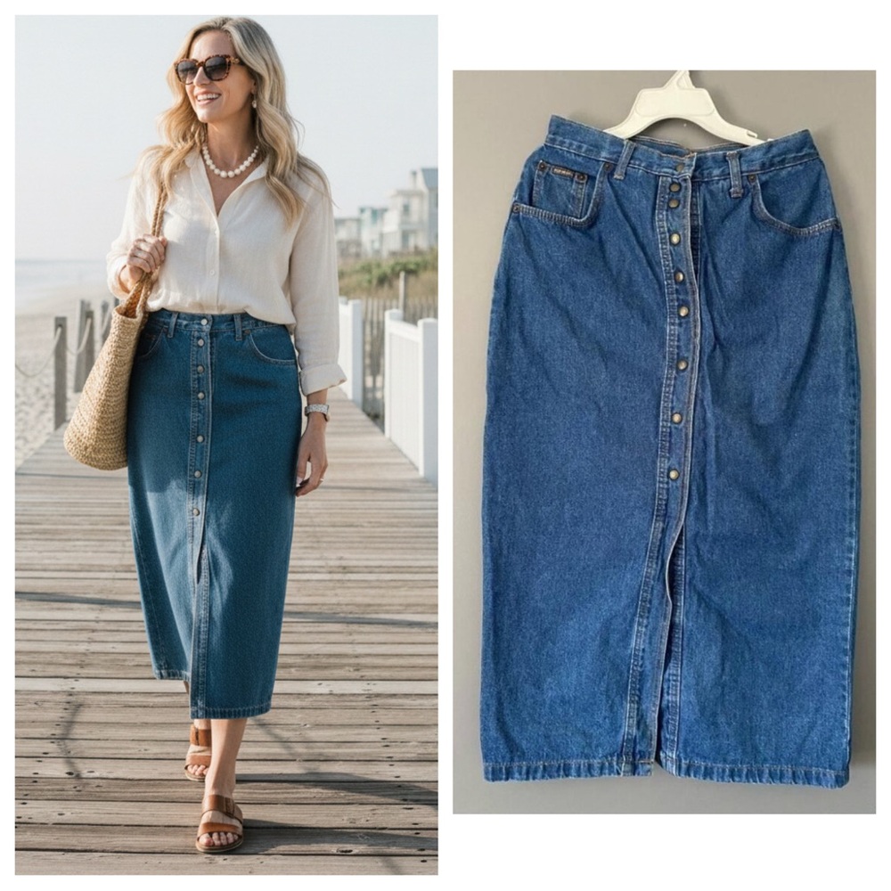 Vintage Denim Midi Skirt Size 34 Y2K Minimal Coastal Grandma